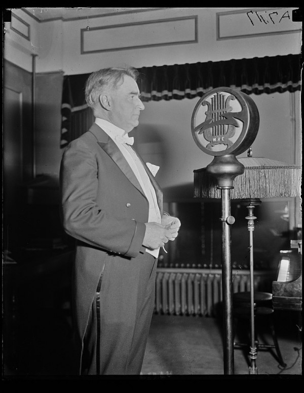 Senator Royal S. Copeland delivering an address over the radio.